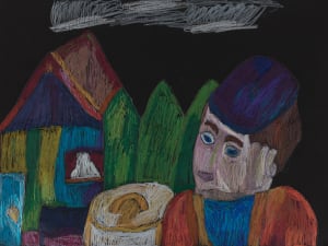 pastel drawing of a boy and a house